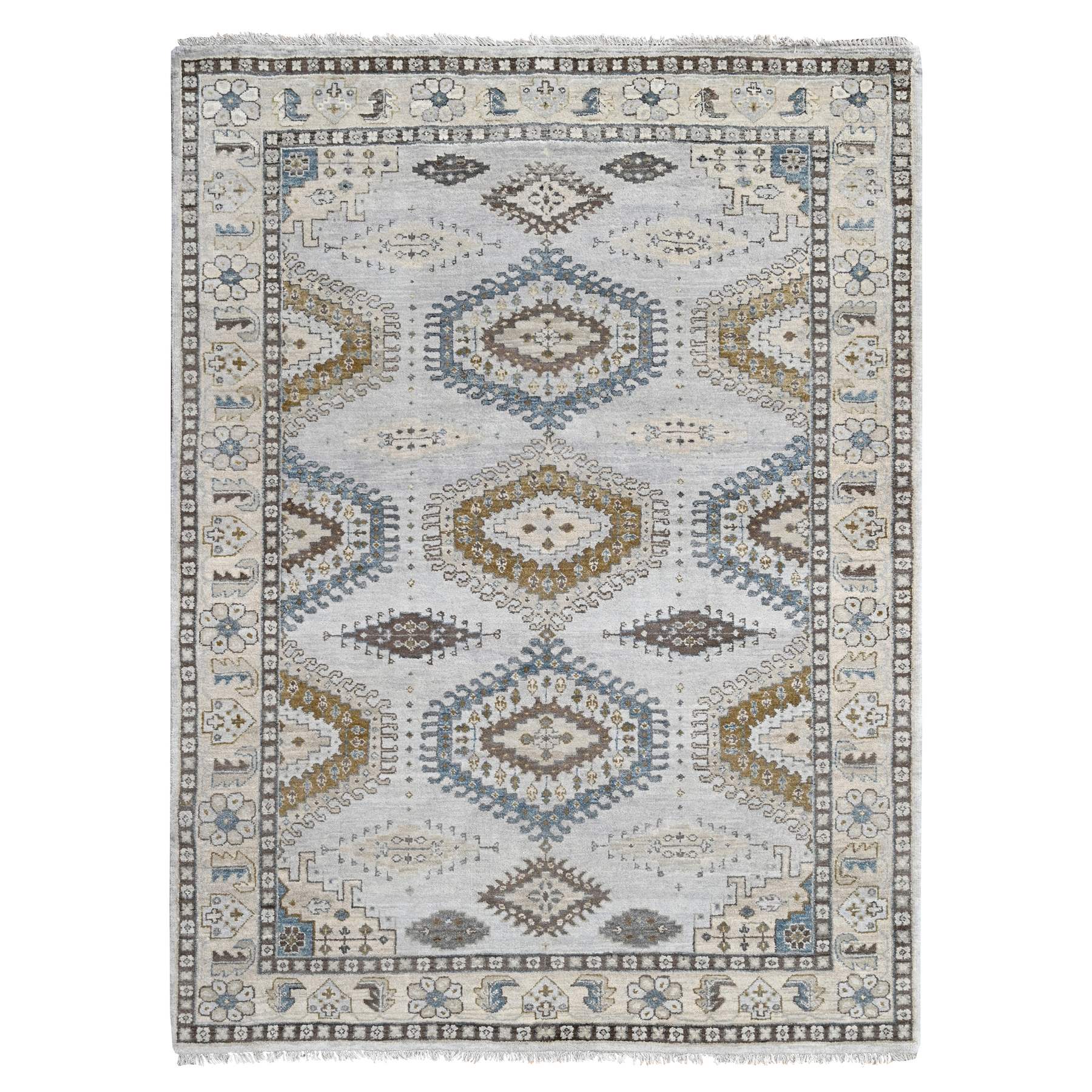 Cloud Gray, Persian Village Inspired Geometric Elements Design, Pure Wool, Natural Dyes, Denser Weave, Hand Knotted, Oriental Rug